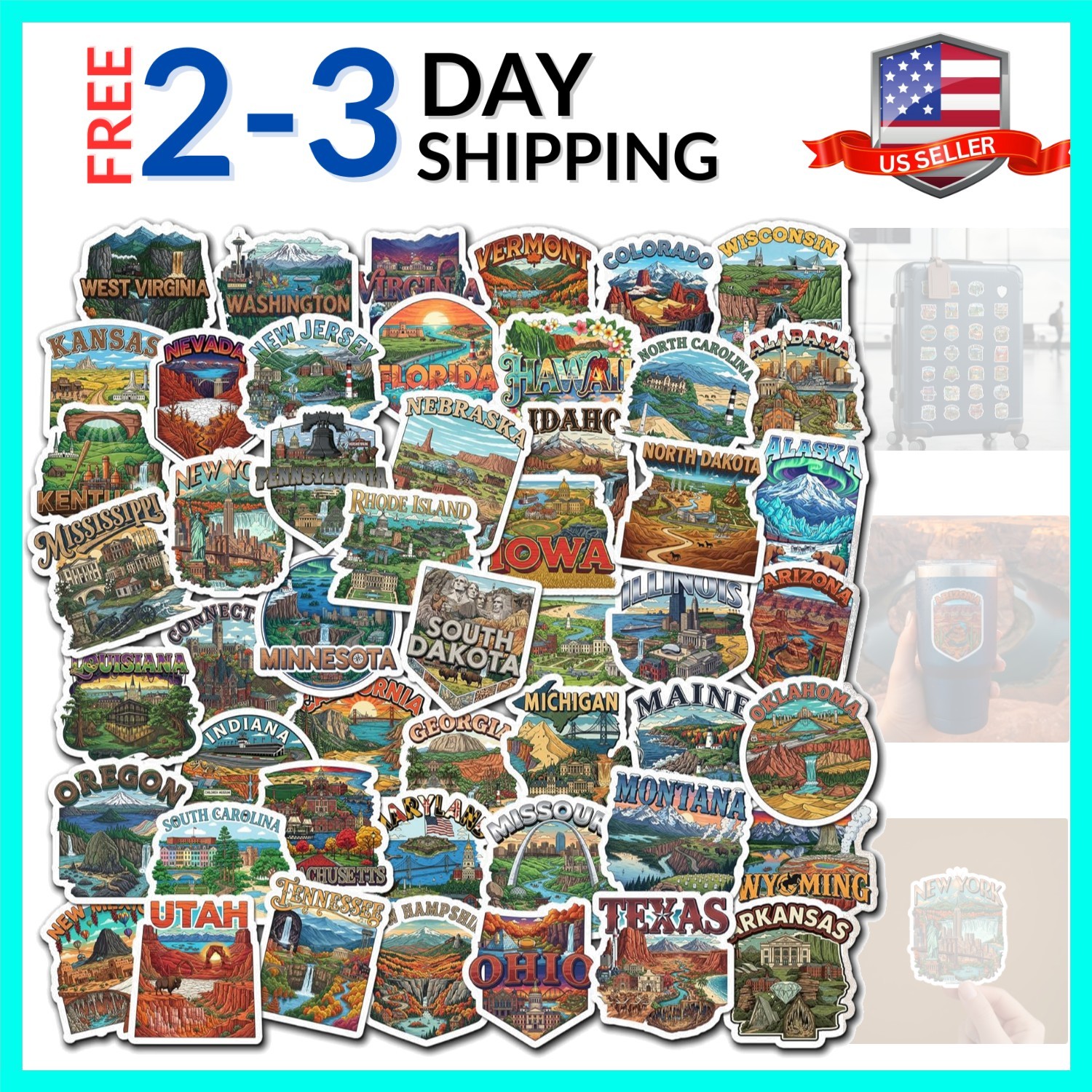 50 PCS States Stickers Map Waterproof Vinyl Decals Pack Travel RV Camper Ac…