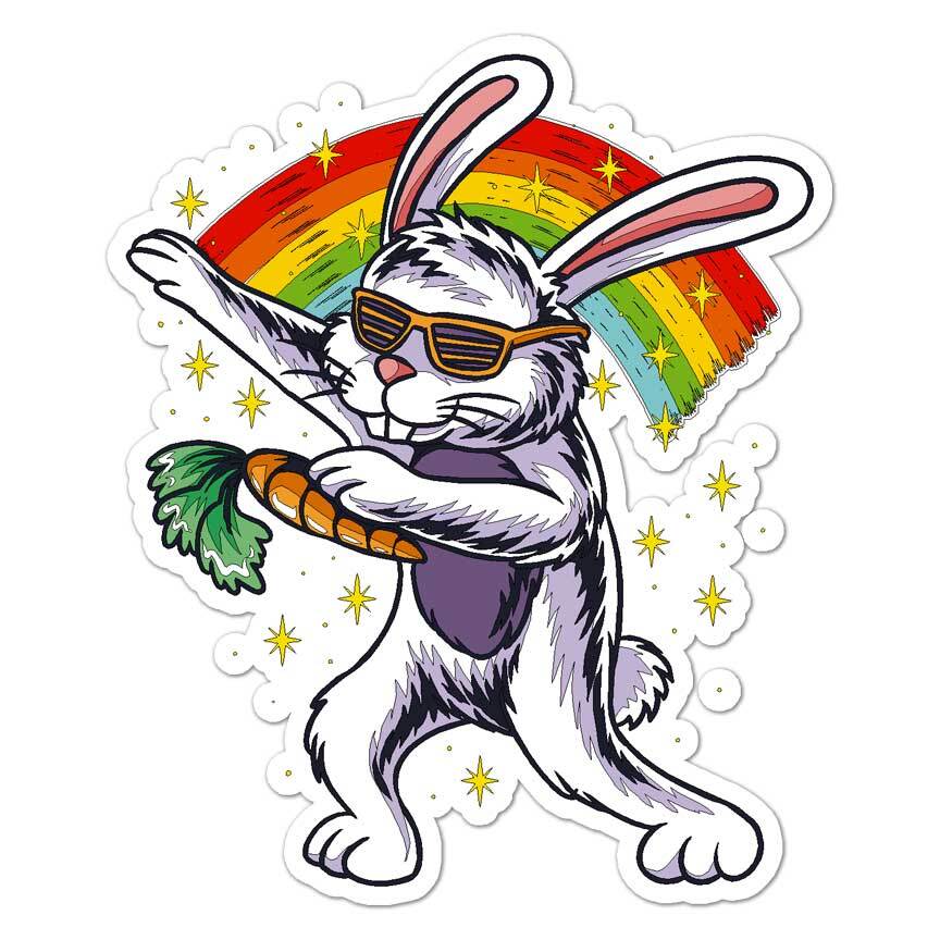 Dancing Rabbit Rainbow, Vinyl Decal Sticker, Indoor Outdoor, 3 Sizes, #7937