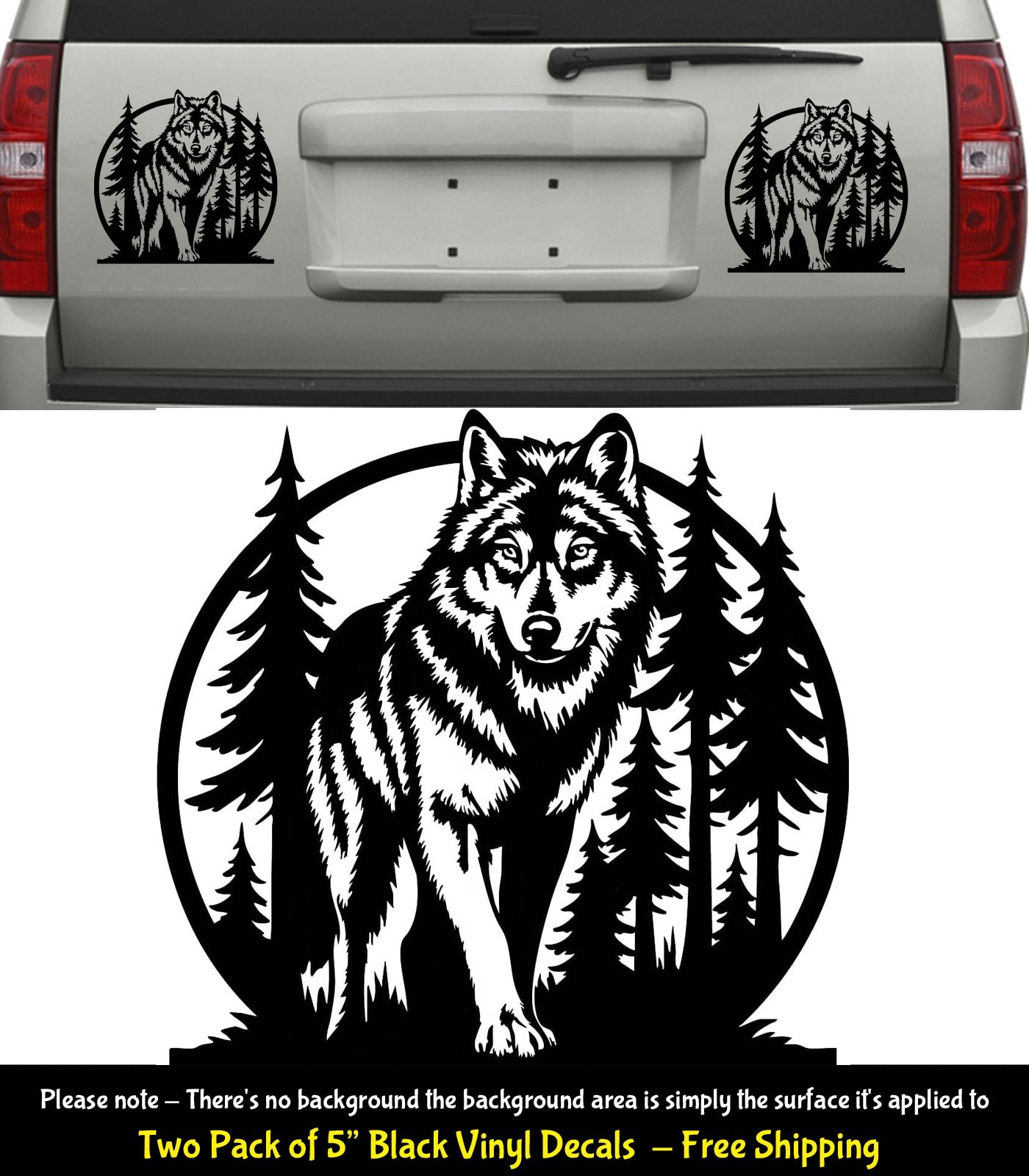 Wolf Trees Forest Two 5″ Black Vinyl Decals Vehicle Door Bumper Any Flat Surface