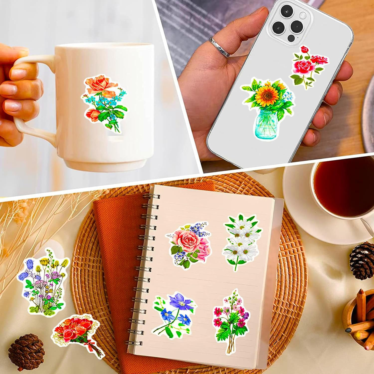 Flower Stickers for Kids Teens Girls, 100Pcs Waterproof Flower Stickers for Wate