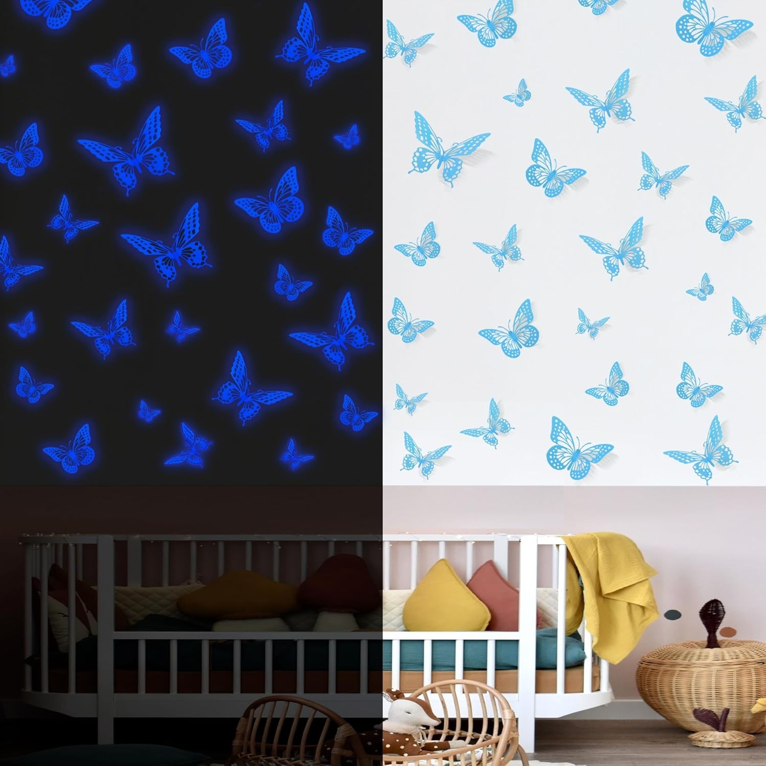 SAOROPEB Glow in The Dark 3D Butterfly 24 Pcs 3 Sizes, 24 Pcs, Glowing Blue