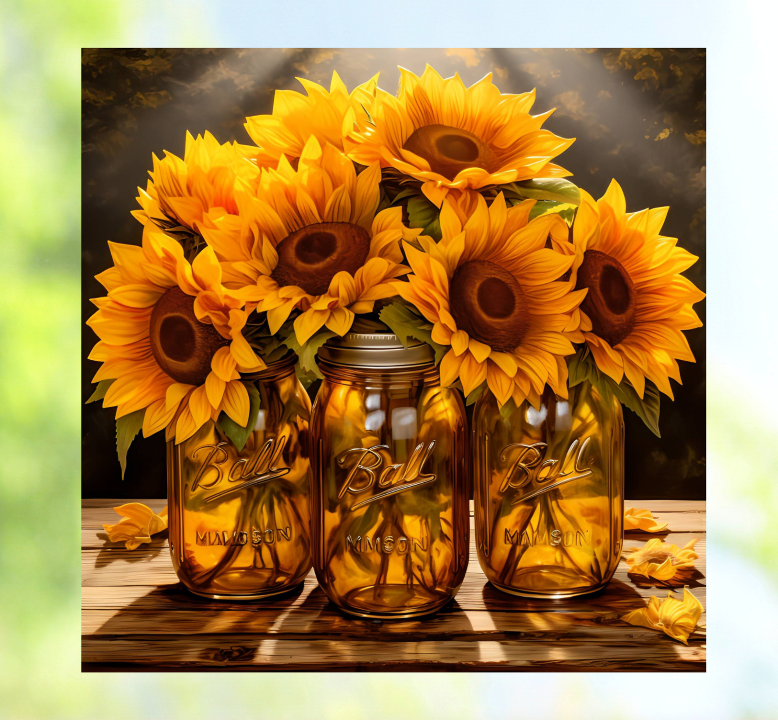 Fall Sunflowers in Mason Jars WINDOW CLING Size 8″ Repositionable Vinyl