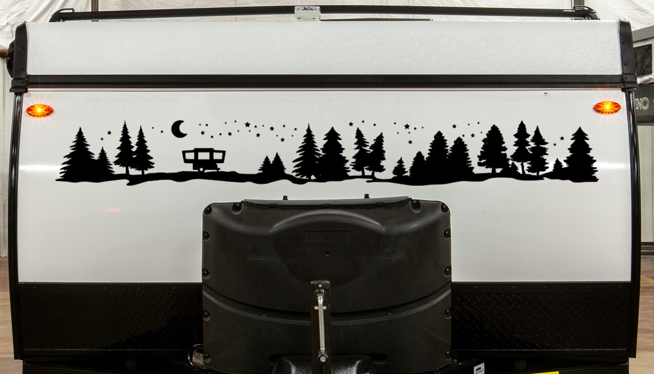 Pop-Up Camper Moon Stars Vinyl Decal V2 | Trees Forest Graphics Die Cut Sticker