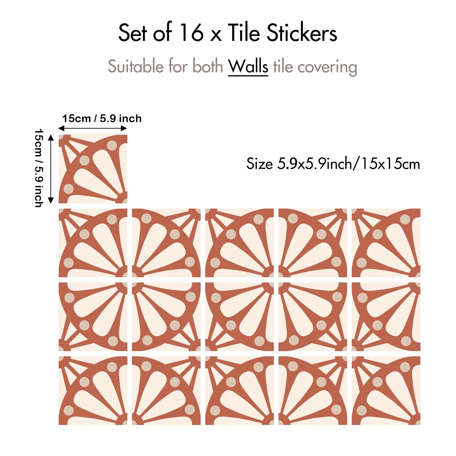 16 Pack, 5.9×5.9 Inch Boho Terracotta Sunburst Tile Stickers Peel and Stick W…