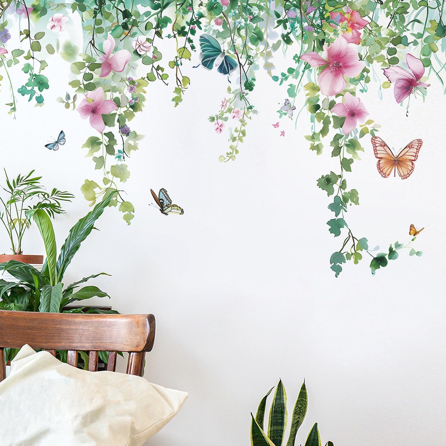 Flower Vine Wall Decals Hanging Green Leaves Wall Stickers Butterfly Flower P…