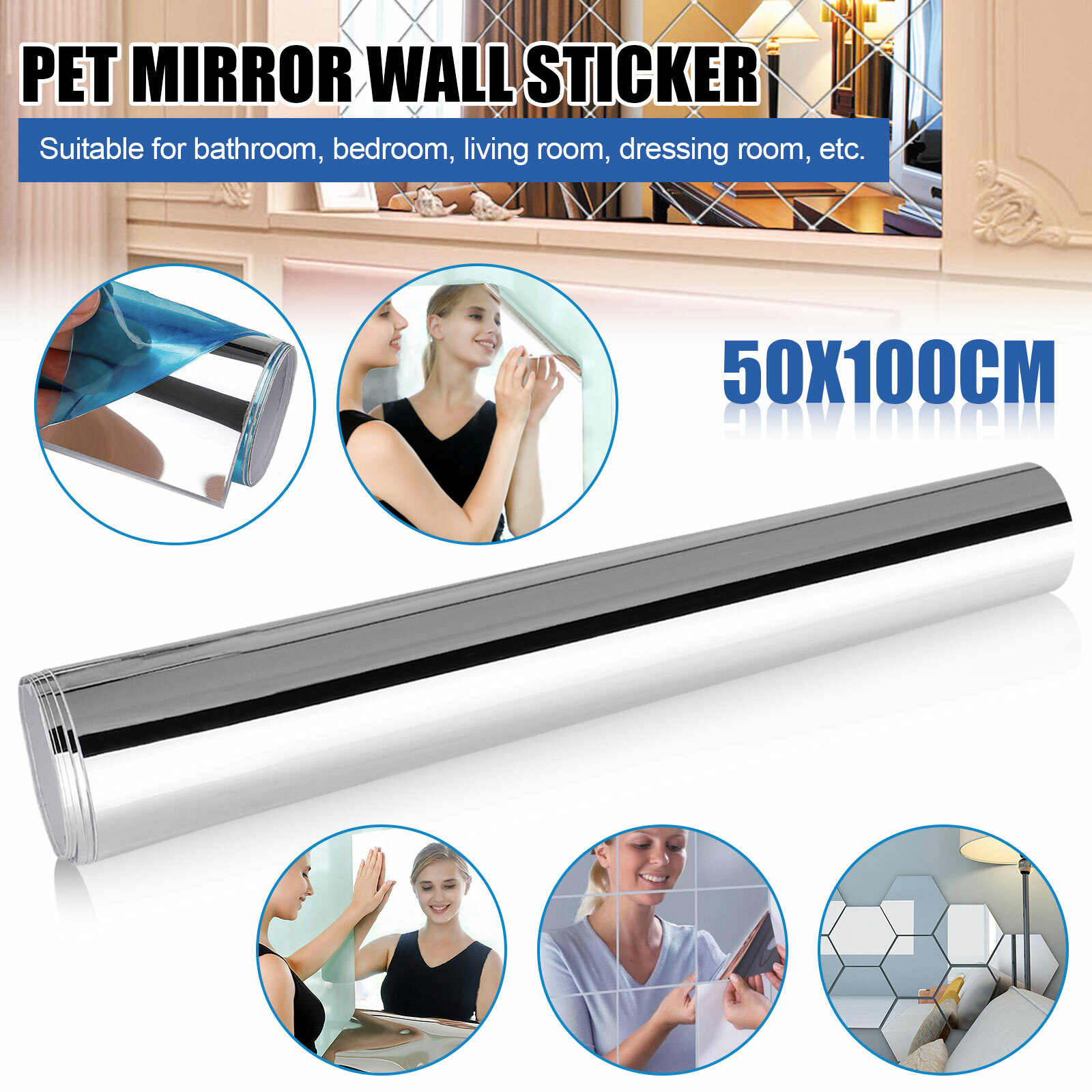 50x100cm Self Adhesive Mirror Reflective Wall Sticker Film Paper Kitchen Decor