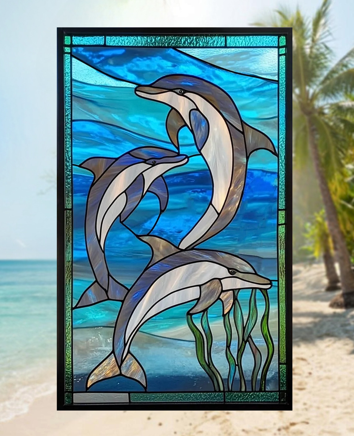 Dolphins Faux Stained-Glass WINDOW CLING Size 10.6″ Repositionable Vinyl