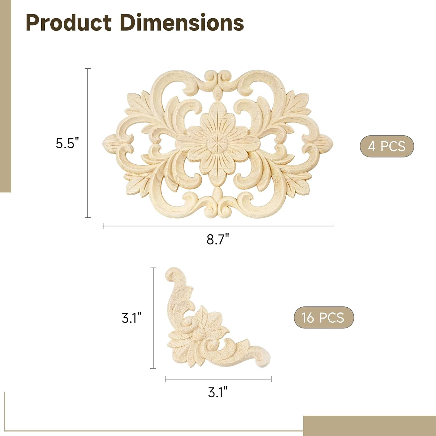 20 Pcs Wood Carved Appliques Onlays, Decorative Flower Decals for Furniture Door