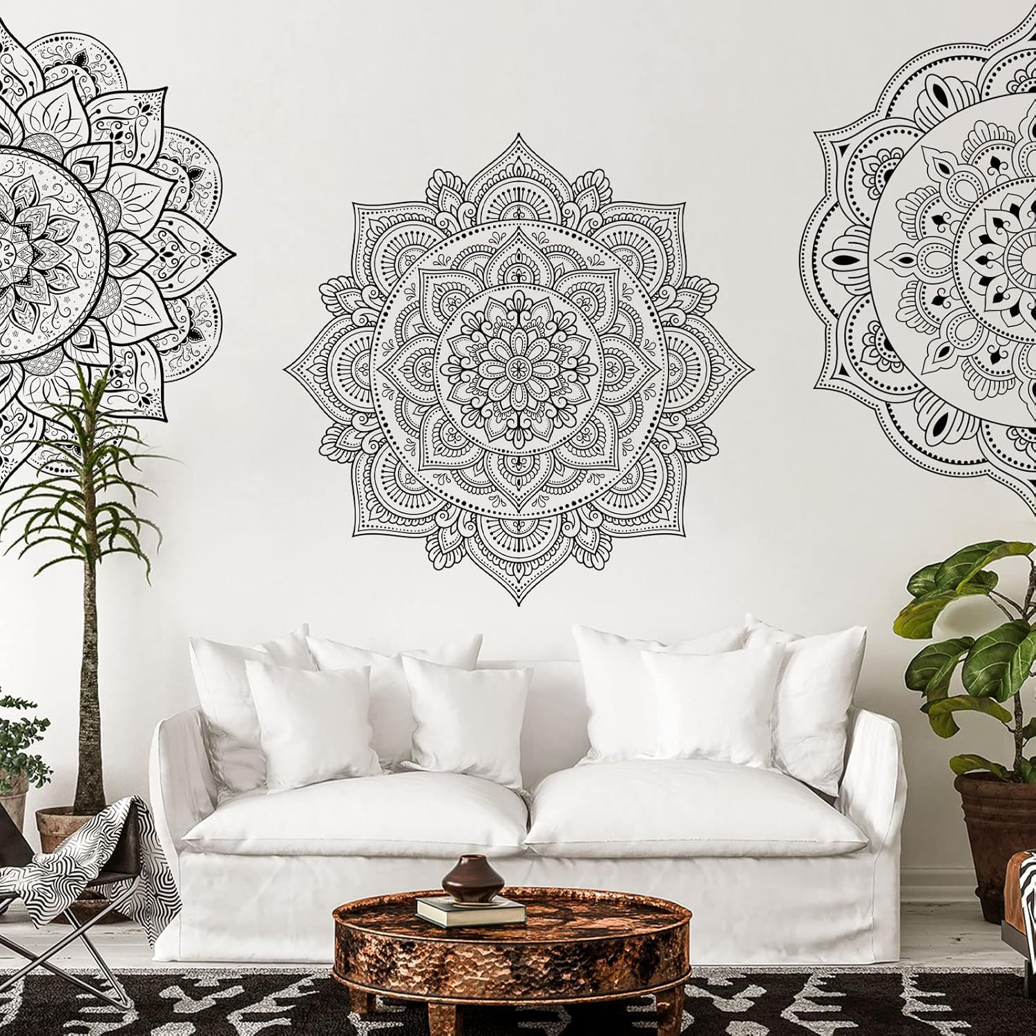 Chinco 4 Pcs Black Half Mandala Wall Decal Boho Mandala Sticker Lotus Flower Vin