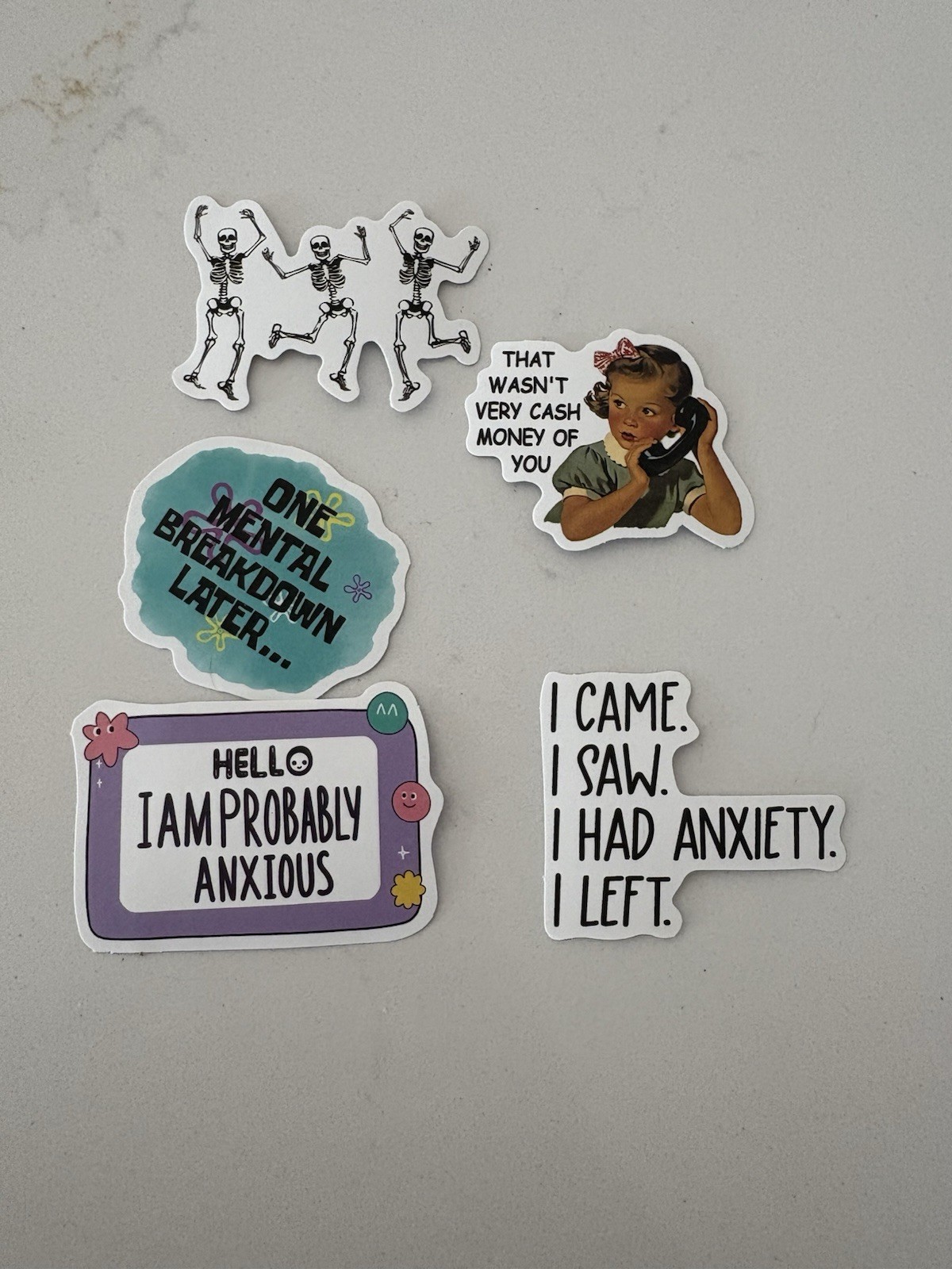 Set Of 5 Funny Quirky Sayings Stickers Skeletons Cats Words Quotes