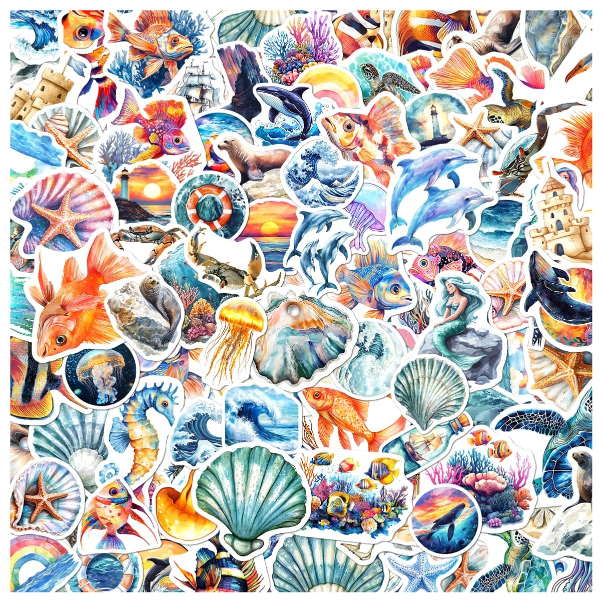 Ocean Aesthetic Vinyl Stickers Pack with Mermaids Seashells Sea Creatures for…