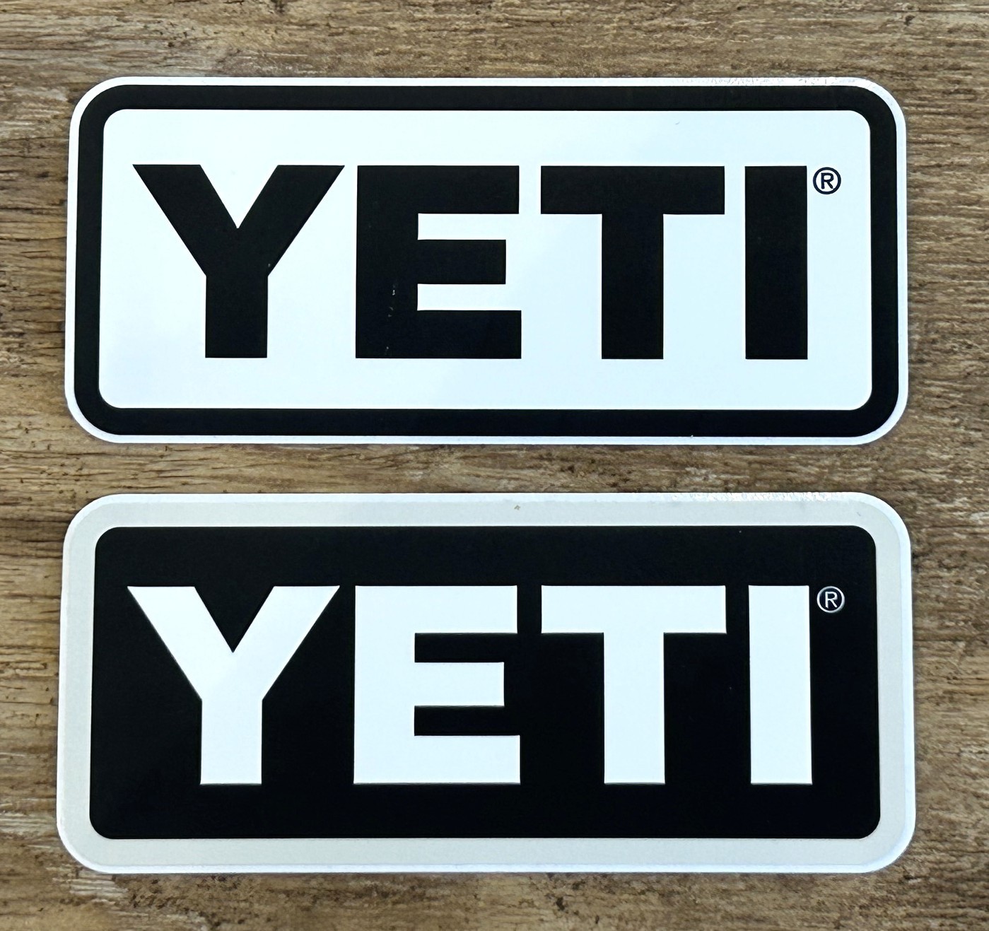 Two (2) Brand New YETI Stickers / Decals 4 1/8” x 1¾” Black & White