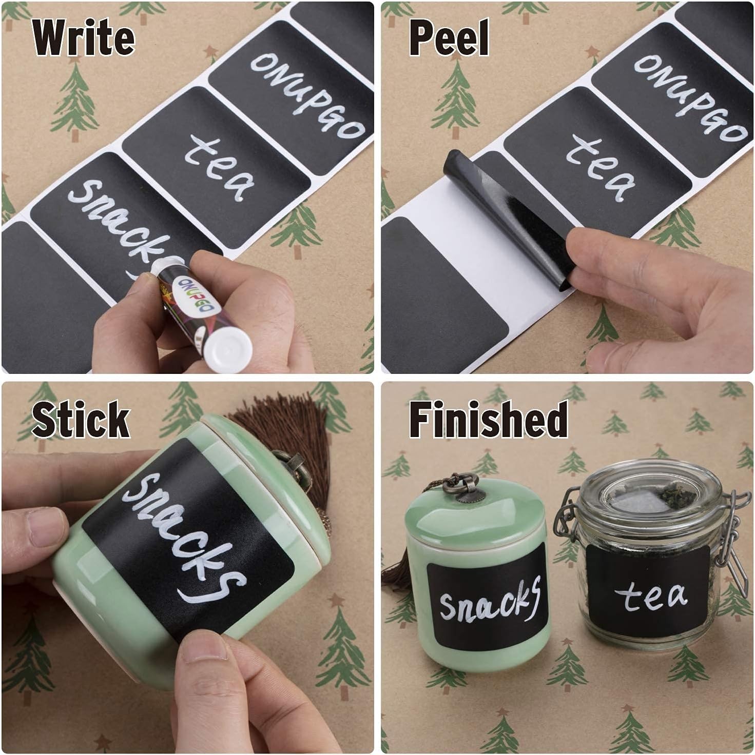 ONUPGO Chalkboard Labels-180pcs Waterproof Reusable Blackboard Stickers with 1 L