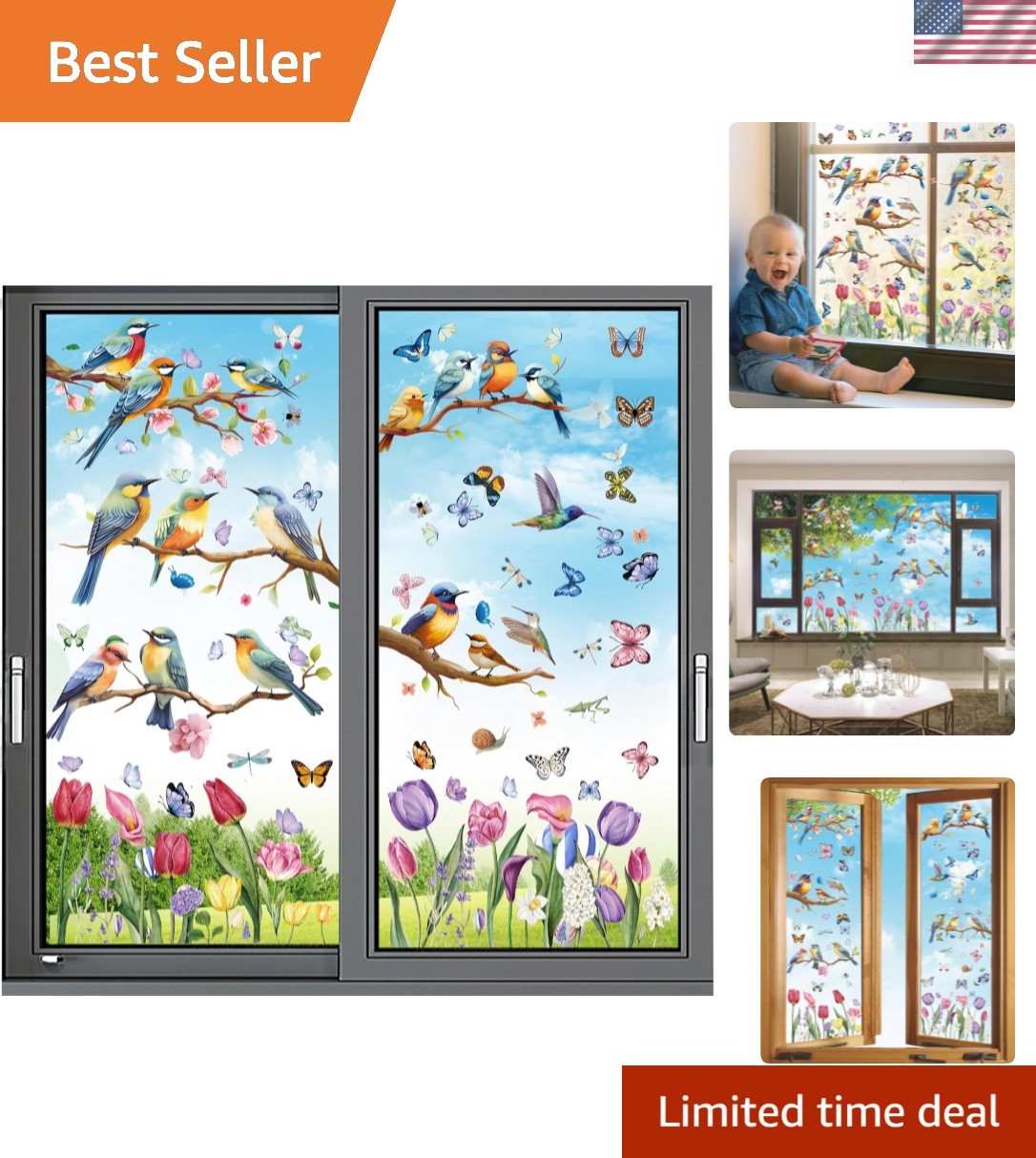Spring Window Cling Sticker – 78PCS Tulip Butterfly Flower Hummingbirds Windo…