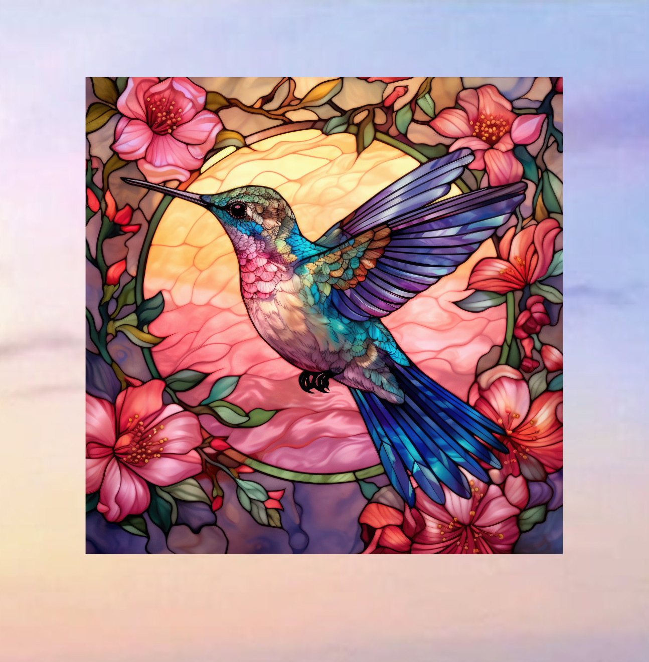 Hummingbird Faux Stained Glass WINDOW CLING Size 8″ Vinyl Window Decoration