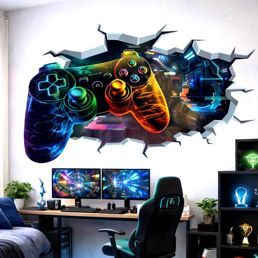 3D Gamer Wall Decal | Neon Game Controller Mural