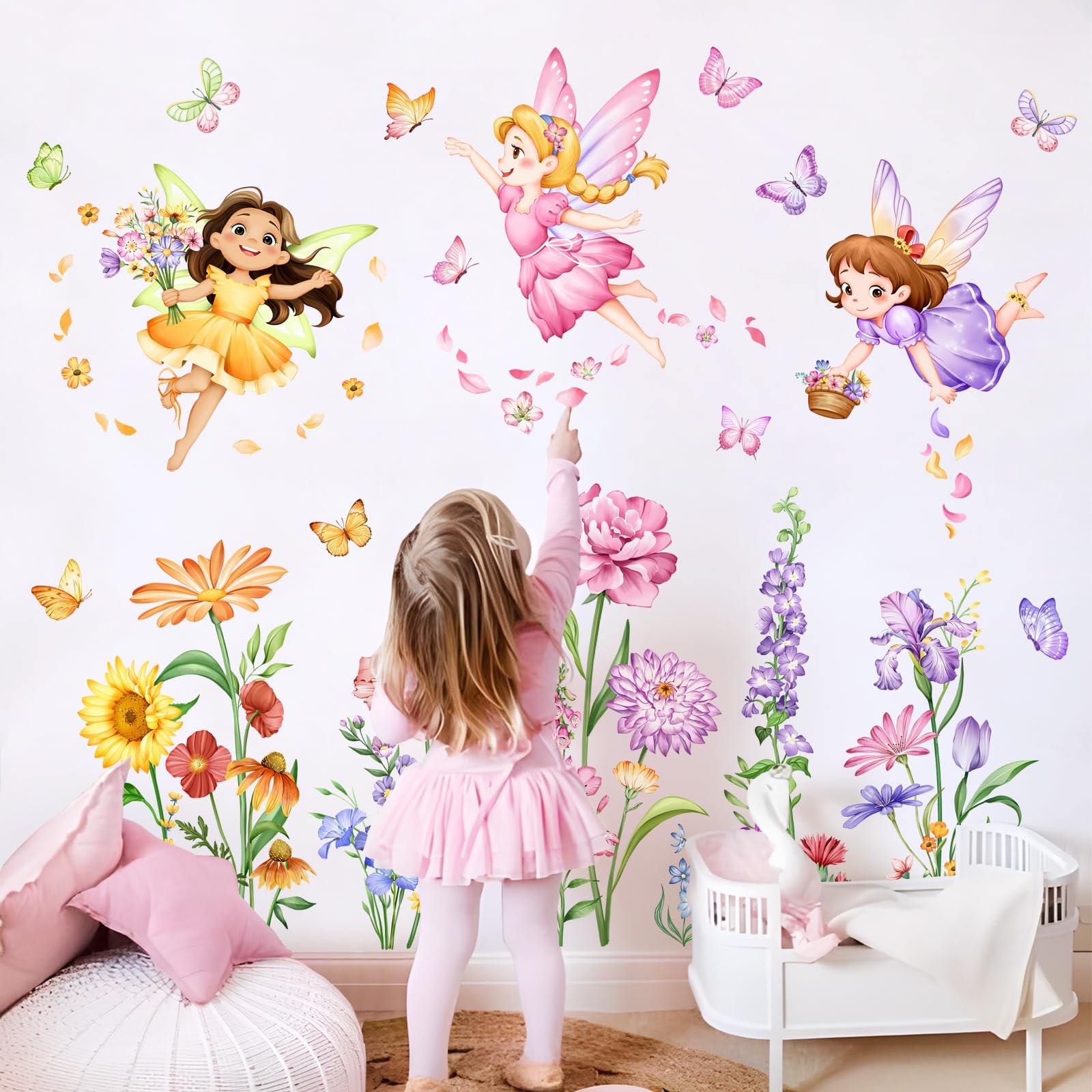 Flower Fairy Wall Decals Butterfly Girl with Wildflower Sunflower Wall Sticke…