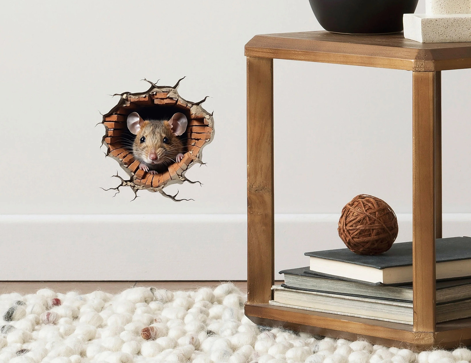 3D Mouse Hole Wall Sticker – Realistic Mouse Peeking from Mousehole Decal for