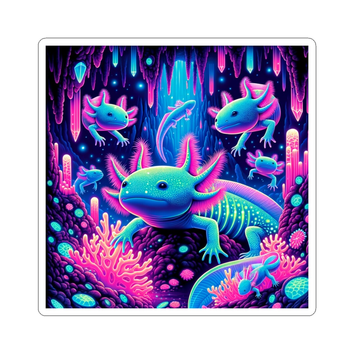 Sticker Luminous Axolotls in Glowing Grotto 2×2 3×3 4×4 6×6