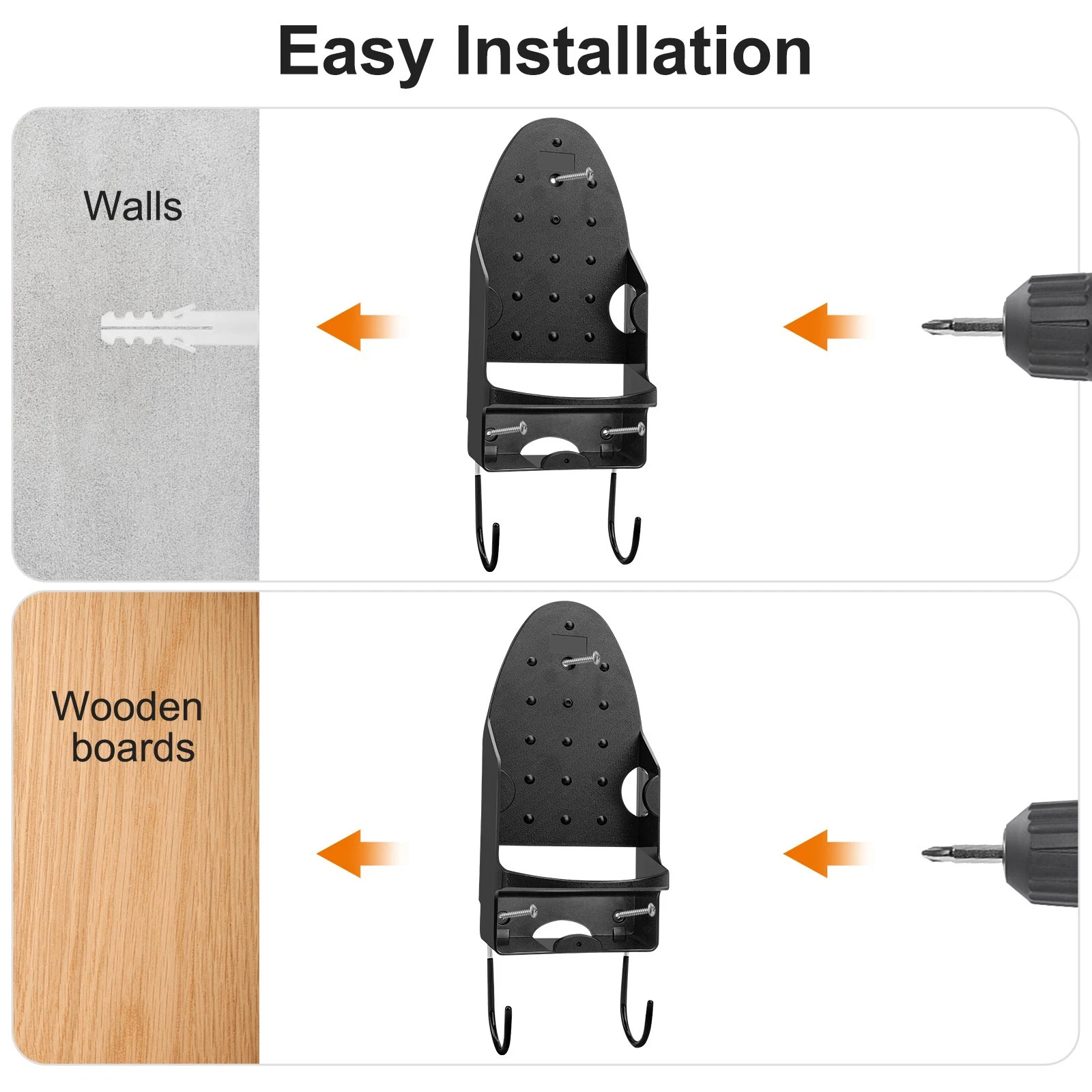 Wall Mount Iron Holder With Hooks Space Saving Storage Home Black Heat Resistant