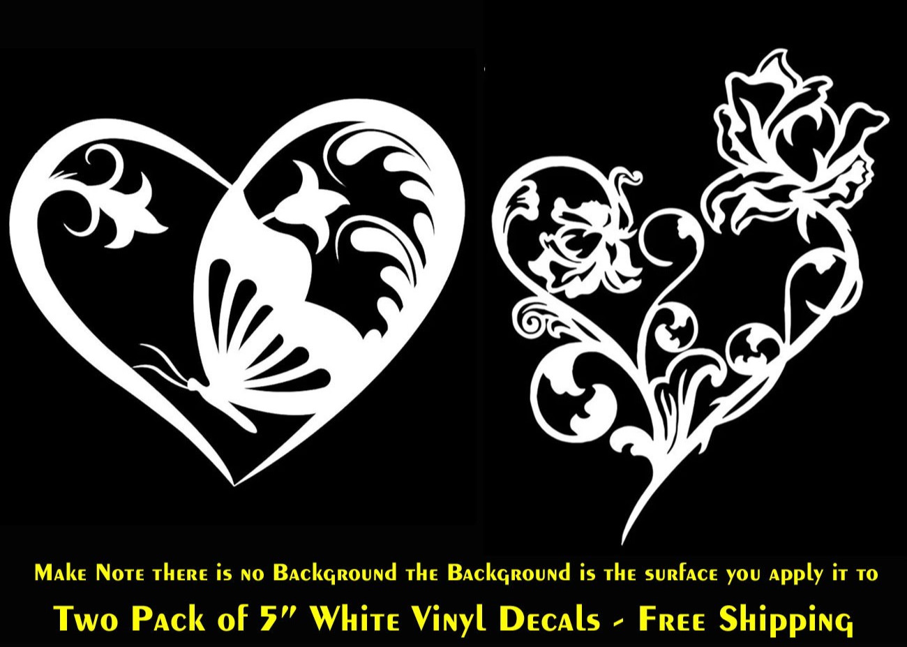 Flower Love Heart Butterfly & Floral Rose Heart 2 PK 5″ White Decals Car Window