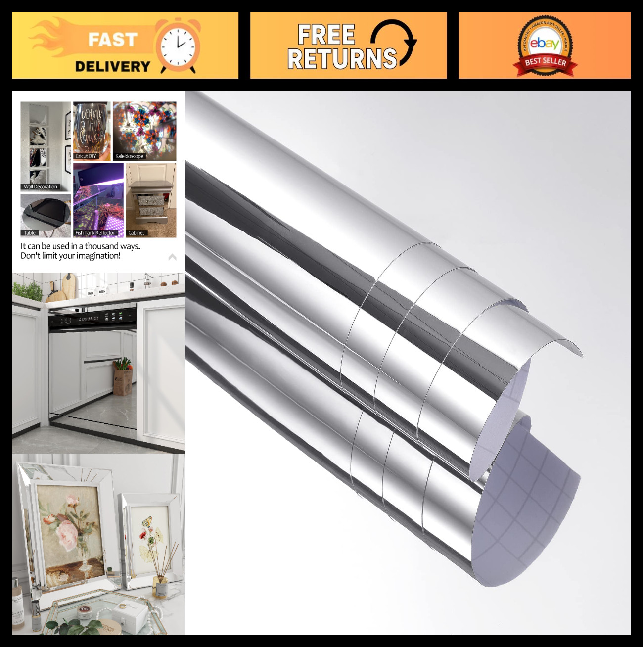 Large Flexible Mirror Stickers 24″x160″ – Self-Adhesive Wall Decor, Peel & Stick