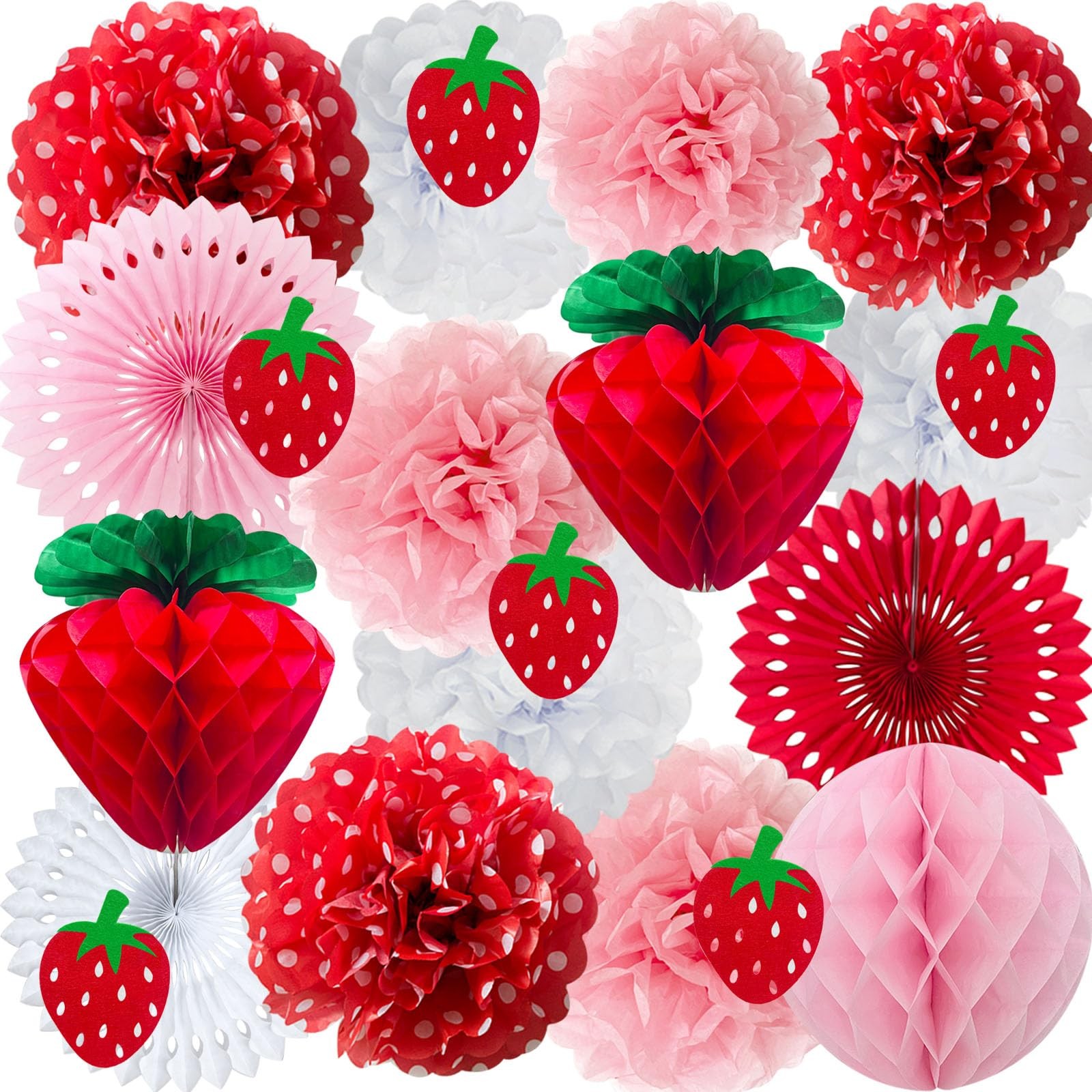 Classroom Party Decor, Strawberry Theme, Pom Poms, Fans, Honeycomb, Red Pink