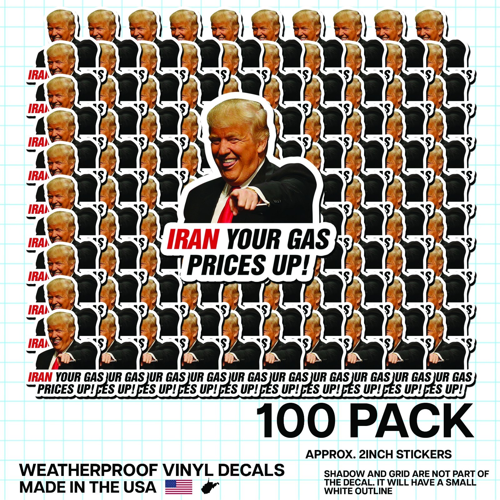 Trump “Iran Prices Up!” Sticker 100 Pk Funny Political Gas Meme Decal 2″