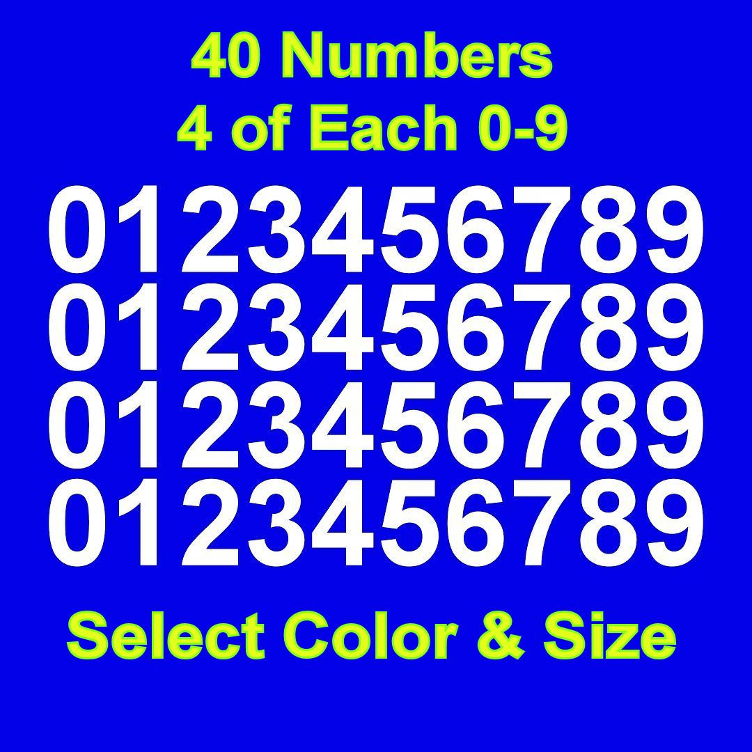 0-9 Numbers Vinyl Sticker Decals – Set of 40 – Select Color & Size 1/2″ thru 4″