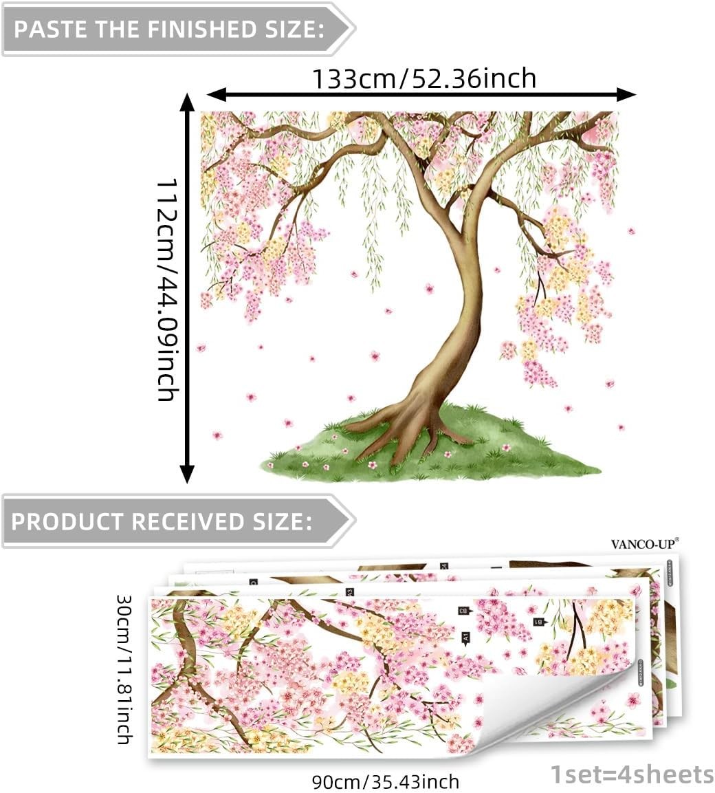 Large Pink and Yellow Cherry Blossom Tree Wall Decals Green Leaves Wall