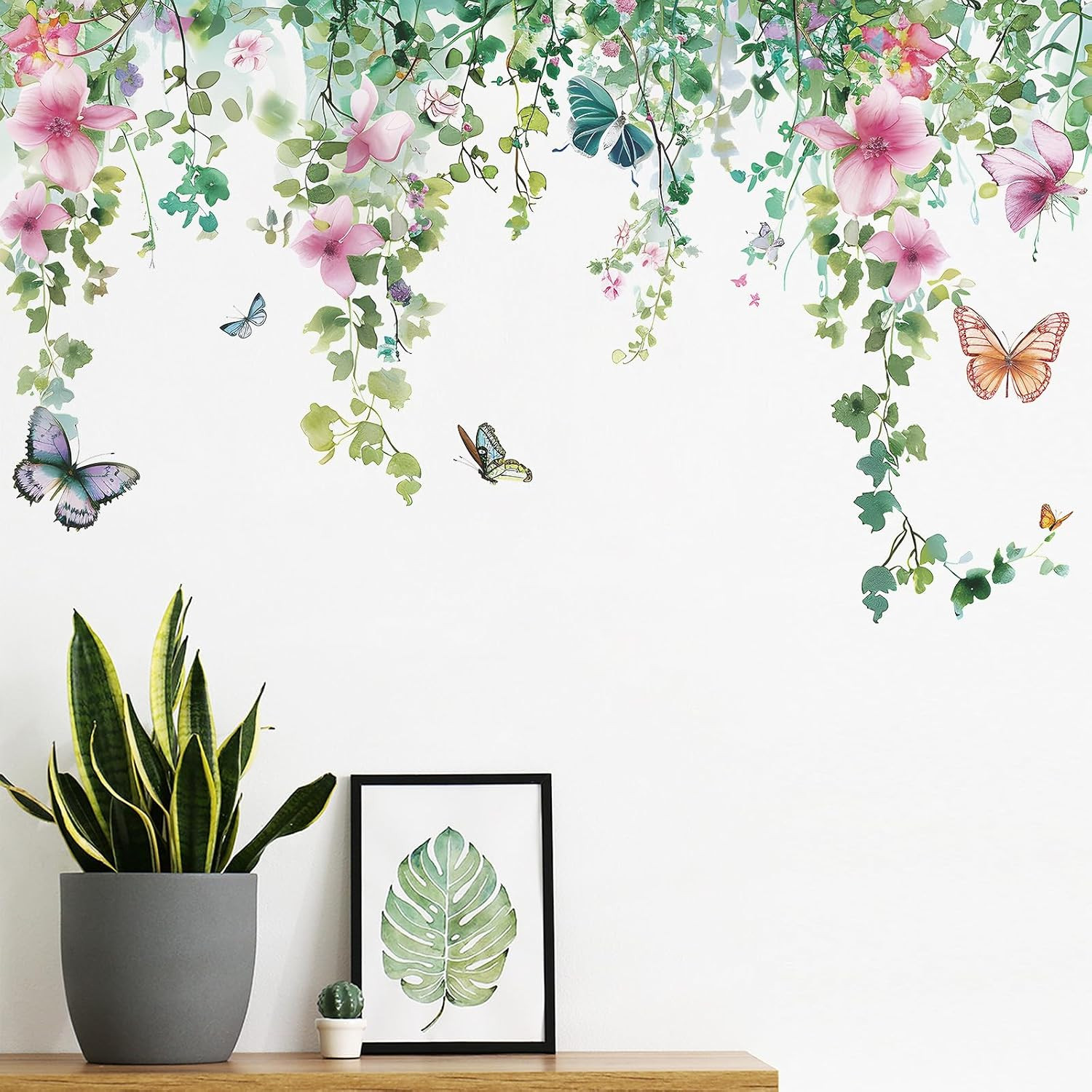 Flower Vine Wall Decals Hanging Green Leaves Wall Stickers Butterfly Flower P…