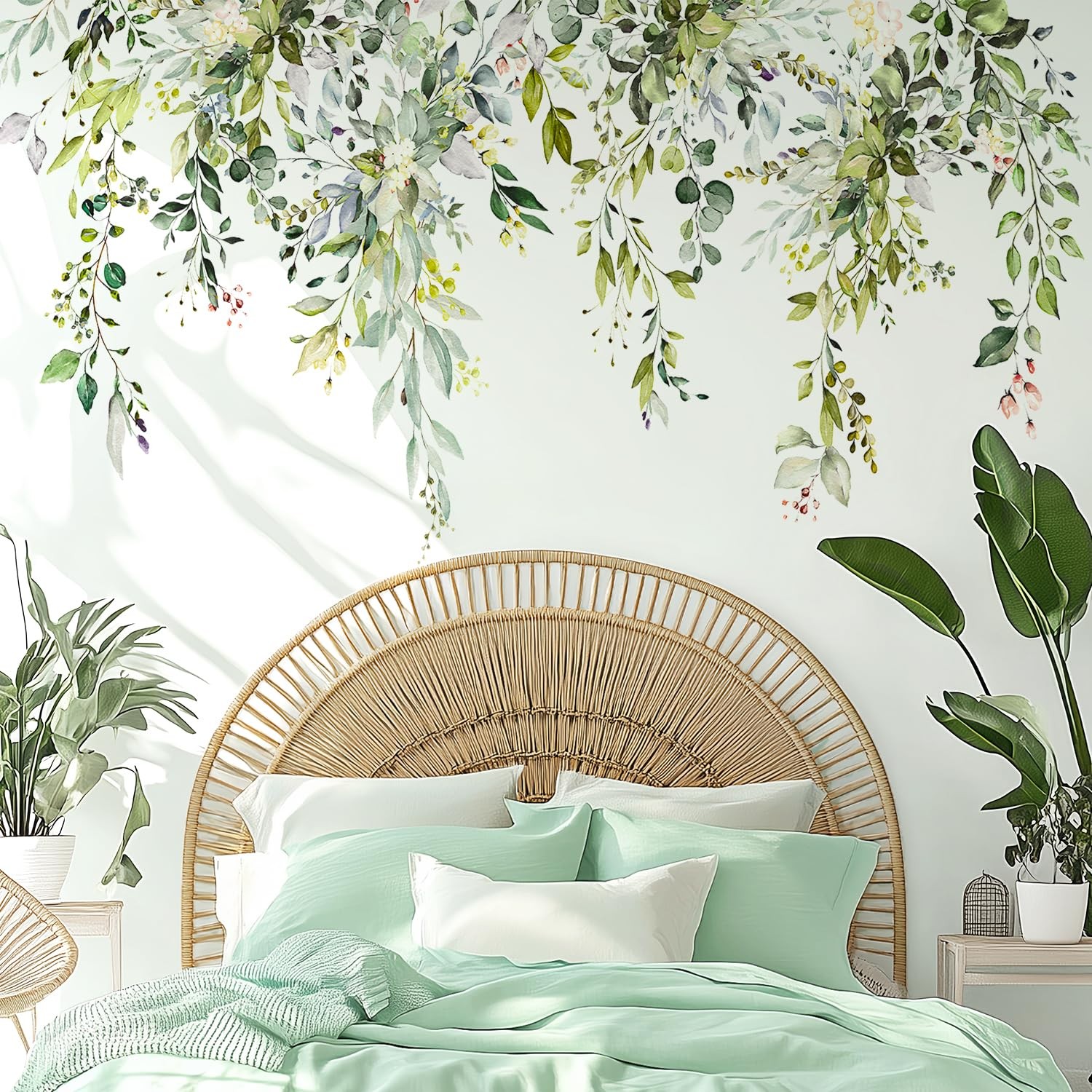 Green Plants Leaves Wall Decals Peel and Stick, Large Floral Flowers Wall Sti…