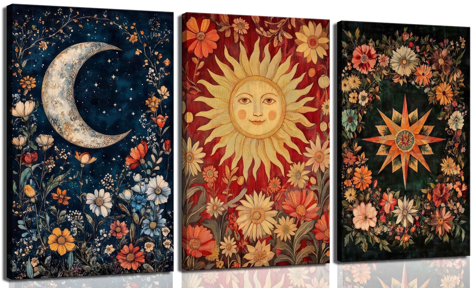 3Pcs Tarot Canvas Wall Art Sun And Moon Celestial painting Decor Pictures Ast…