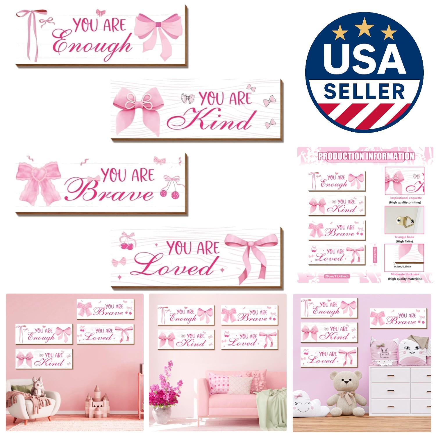 Delightful 4-Piece Pink Bow Wall Art – Positive Affirmations for a Joyful Room
