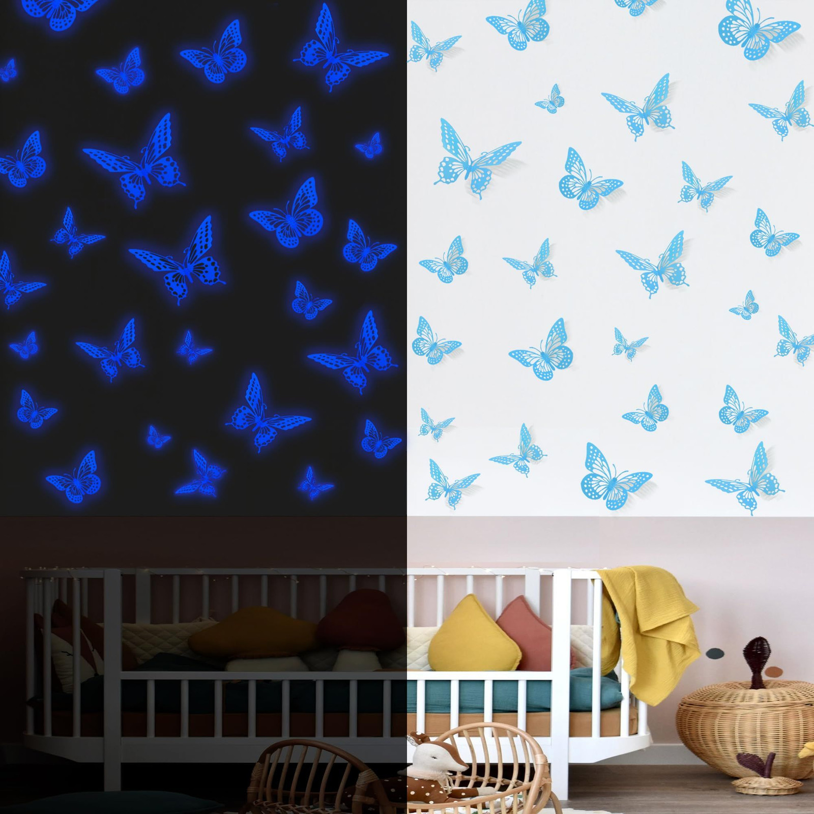 SAOROPEB Glow in The Dark 3D Butterfly 24 Pcs 3 Sizes, 24 Pcs, Glowing Blue