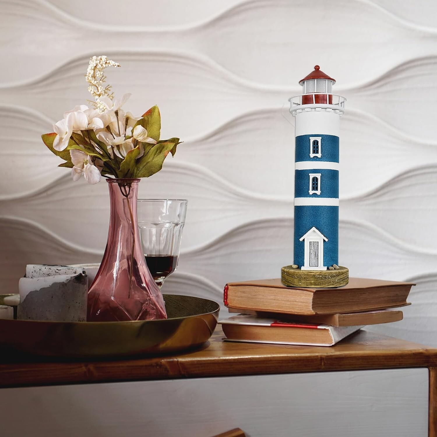 Wooden Lighthouse with Lights Nautical Tabletop Figurine Beach Themed (Blue)