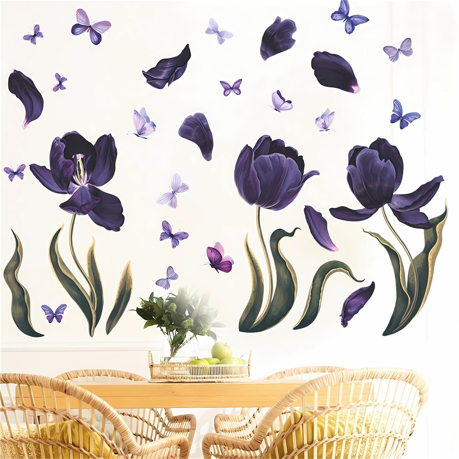 Purple Tulip Butterfly Flower Wall Stickers, sacinora Rose Peony Floral Art P…