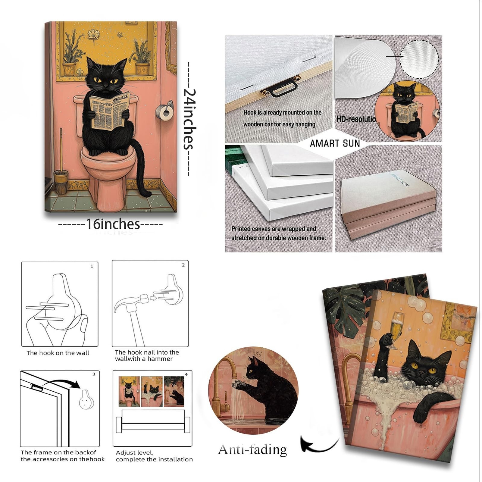 OCRXLYTH 3Pcs Black Cat Bathroom Canvas Wall Art Funny Commode Cat Wall Decor…