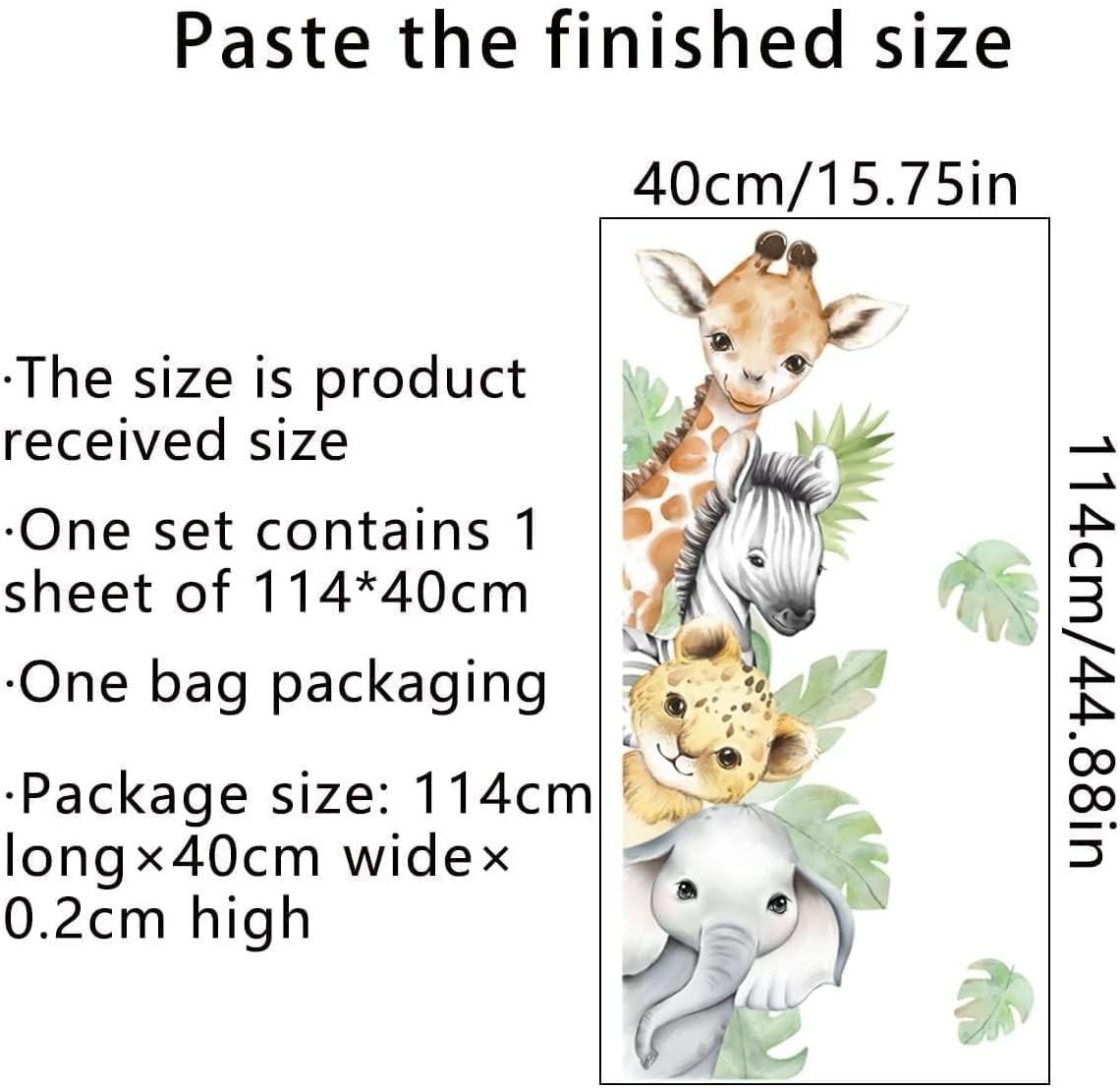44.88” Waterproof Jungle Animal Stickers for Kids’ Nursery and Playroom Decor