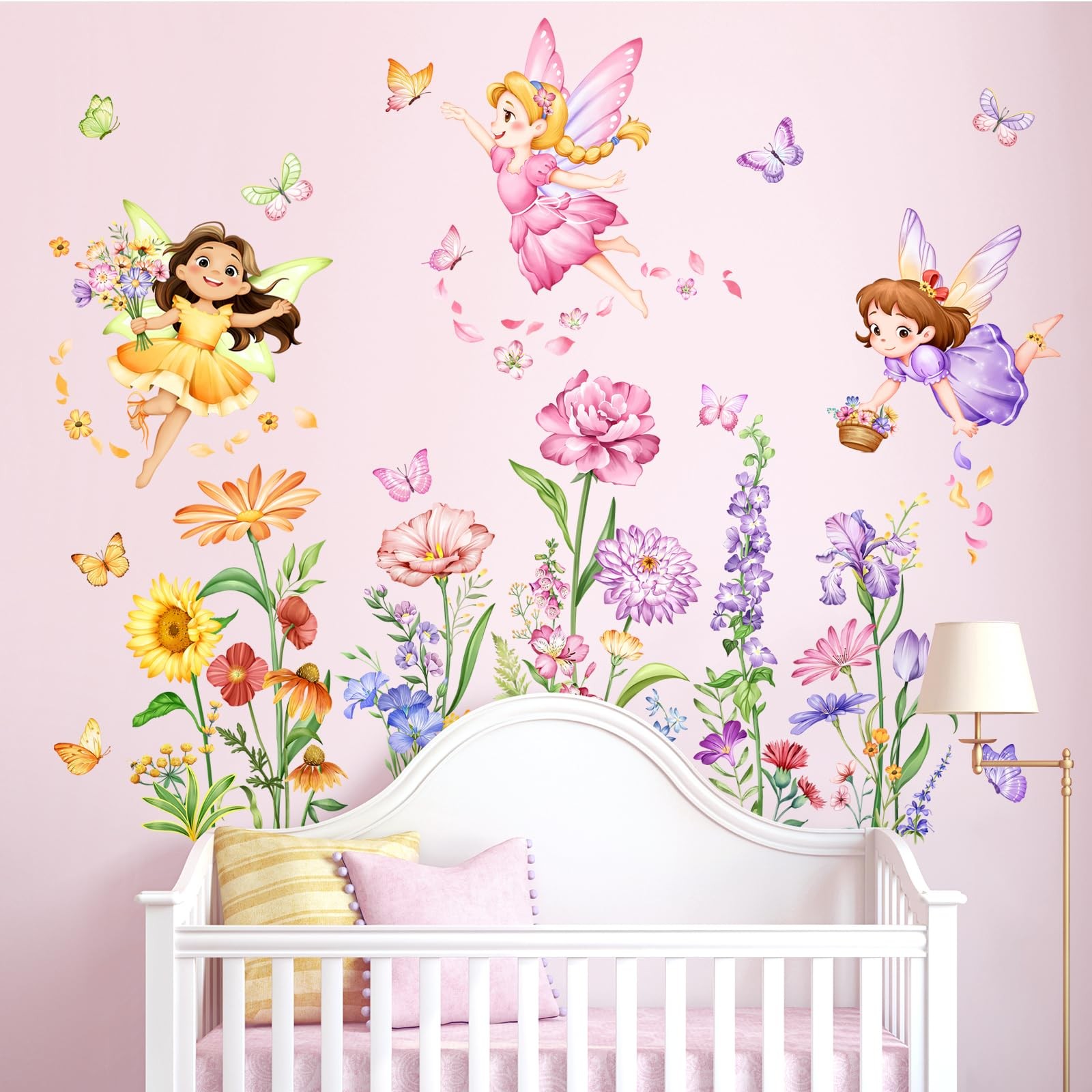 Flower Fairy Wall Decals Butterfly Girl with Wildflower Sunflower Wall Sticke…