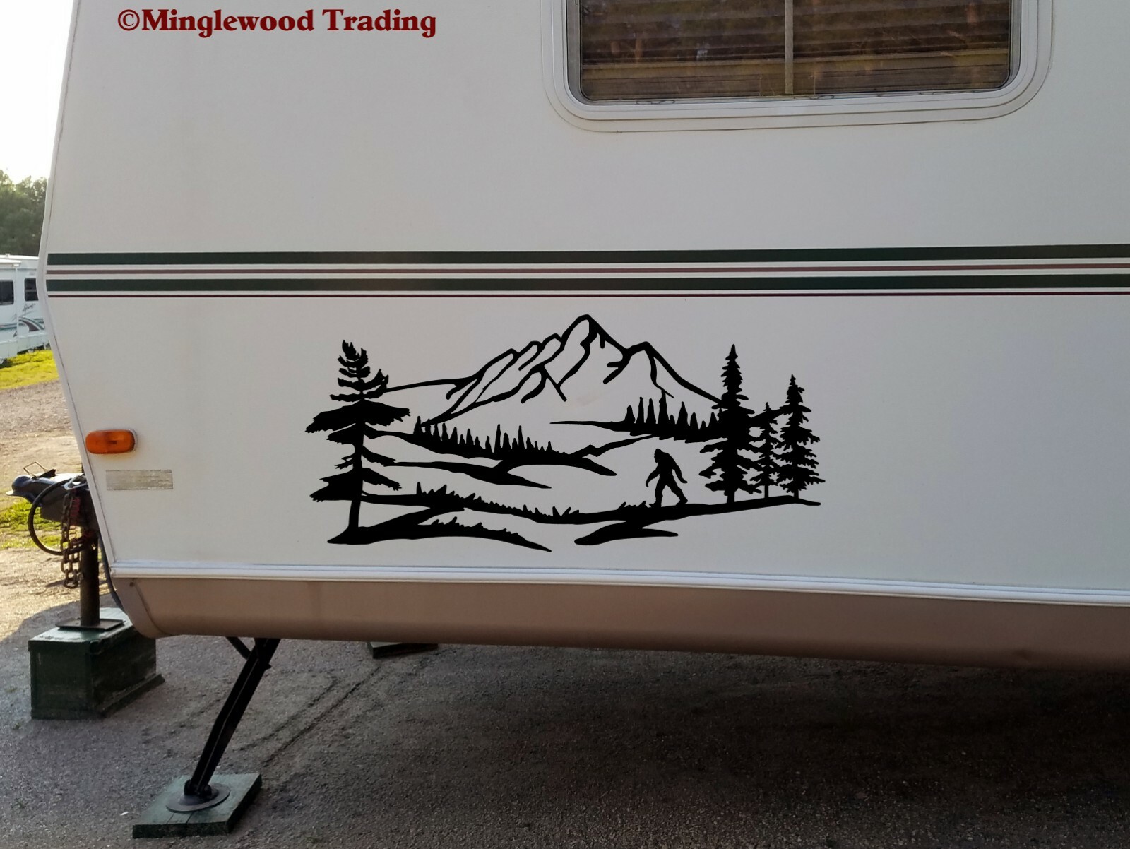 Bigfoot Mountain Scene V2 Vinyl Sticker – Camper RV Travel Trailer Graphics 4×4