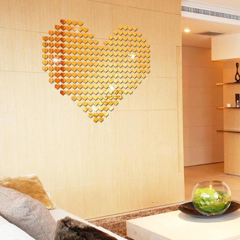 100Pcs 2x2cm Mini Heart Mosaic Acrylic Mirror Stickers DIY Interior Wall Decor