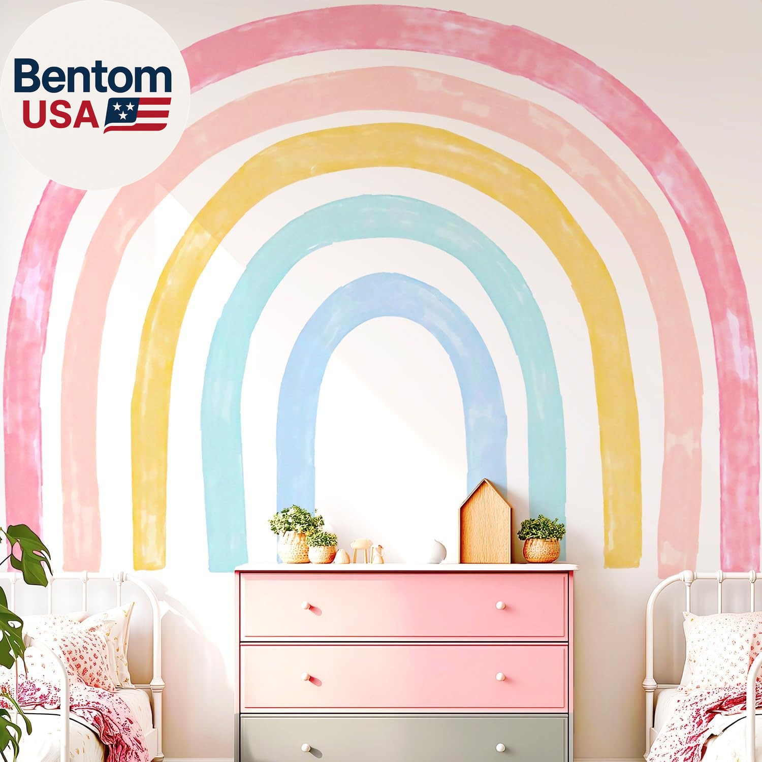 Large Watercolor Rainbow Wall Decals, Colorful Peel and Stick Fabric Nursery Wal