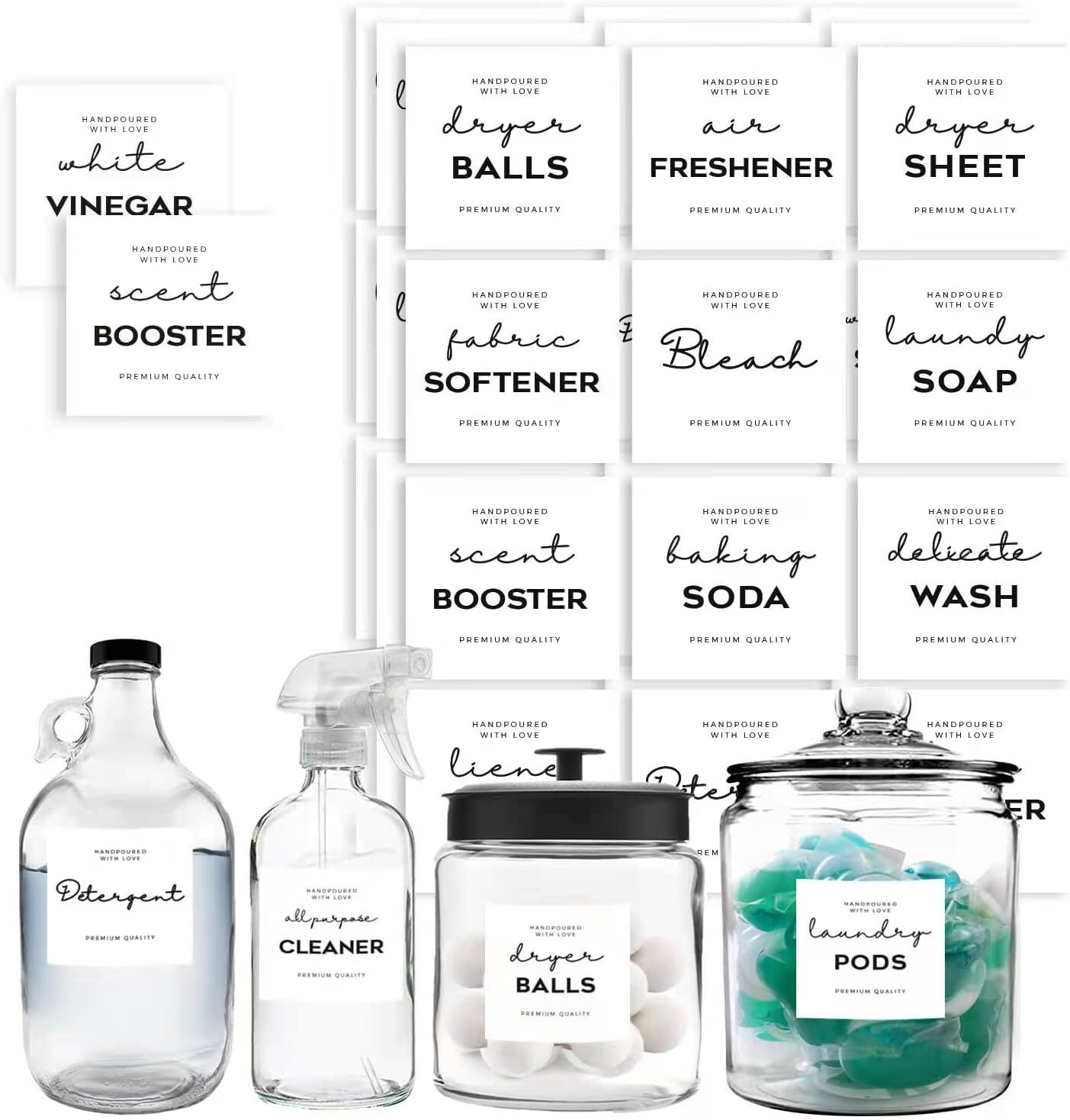 Minimalist Laundry Room Labels Set, V2Croft 48 White Matte Stickers on Clear Can