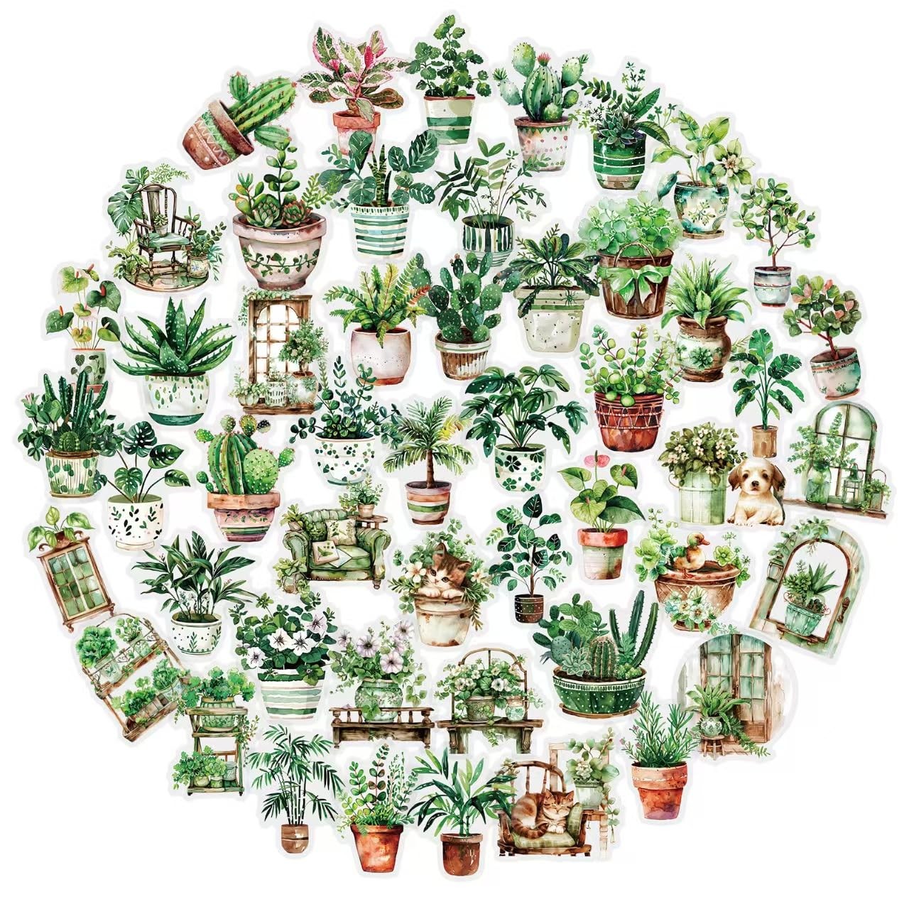 100PCS Green Plant Transparent Stickers,Potted Floral Plants