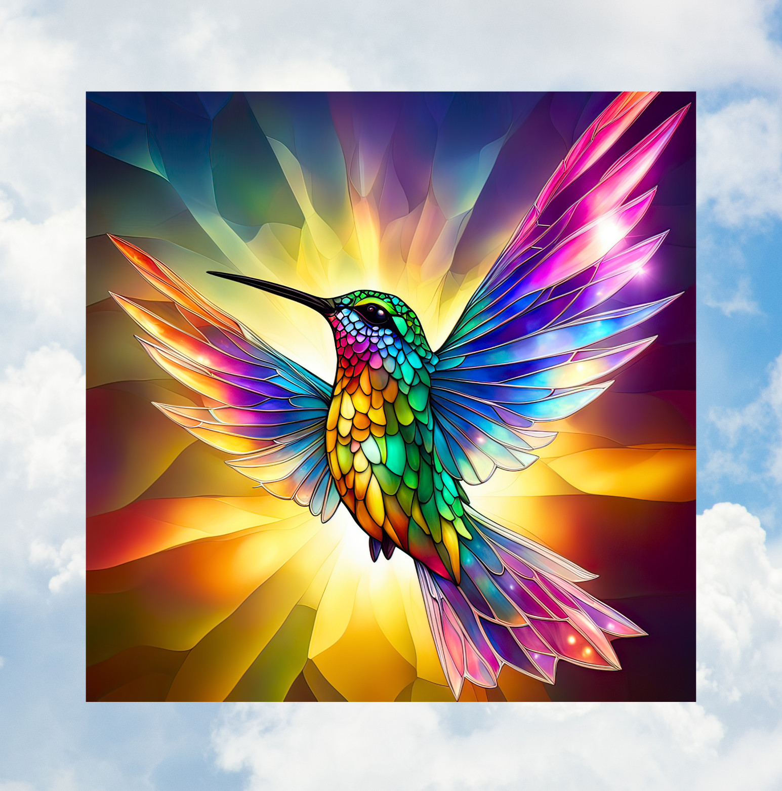Bright Hummingbird Faux Stained Glass WINDOW CLING Size 8″ Vinyl Window Decor