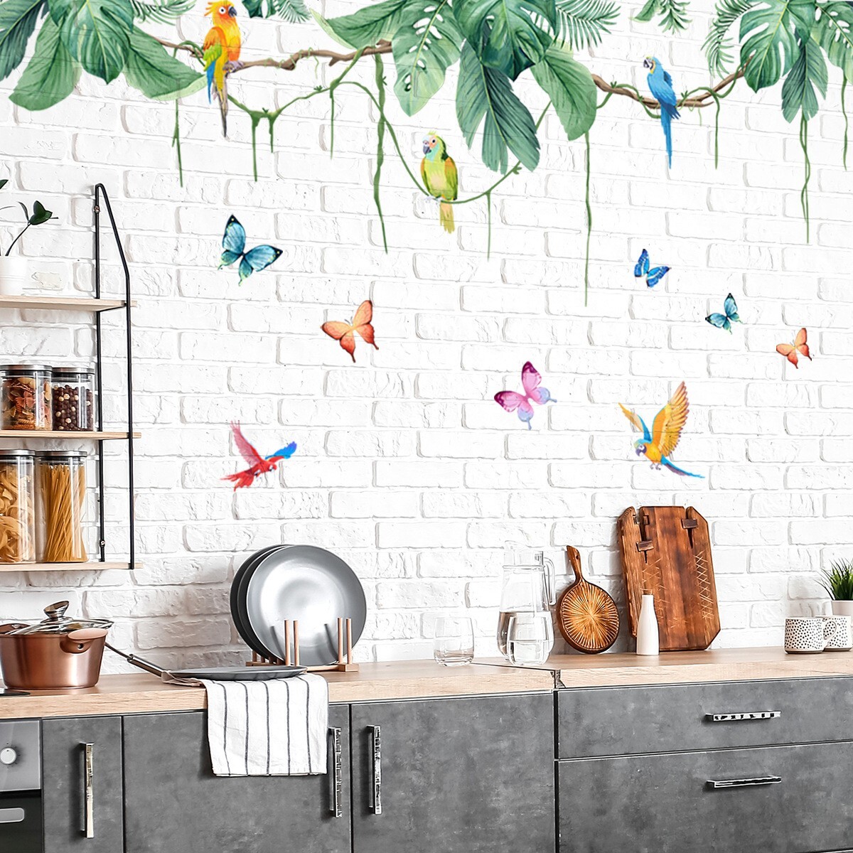 Wall Stickers Tropical Plant Jungle Butterfly Parrot Bird Home Decor All Rooms