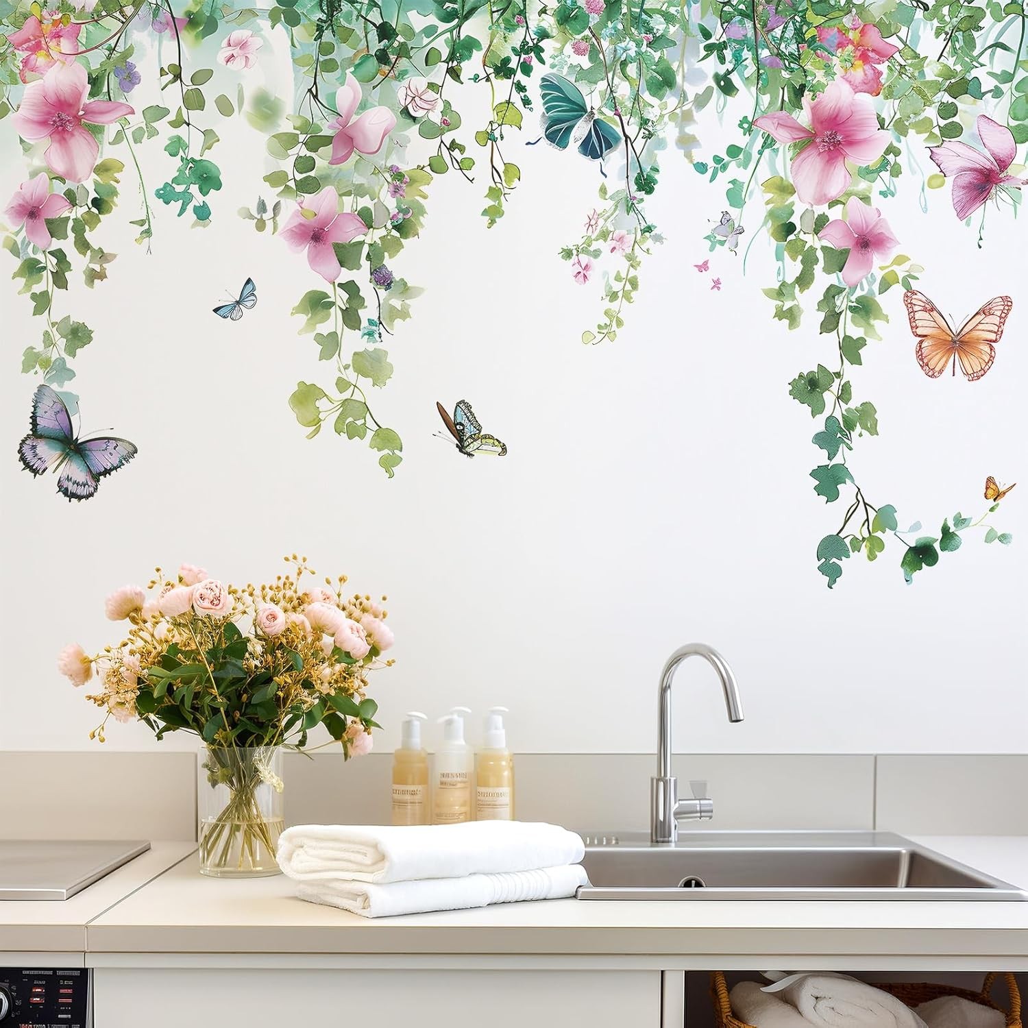 Flower Vine Wall Decals Hanging Green Leaves Wall Stickers Butterfly Flower P…