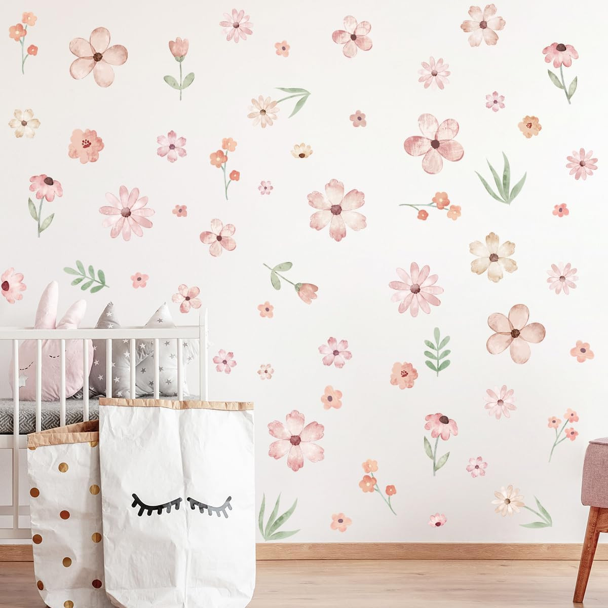 Boho Flower Wall Decals，Pink Watercolor Flower Art，Wildflower Wall Decals，Girls