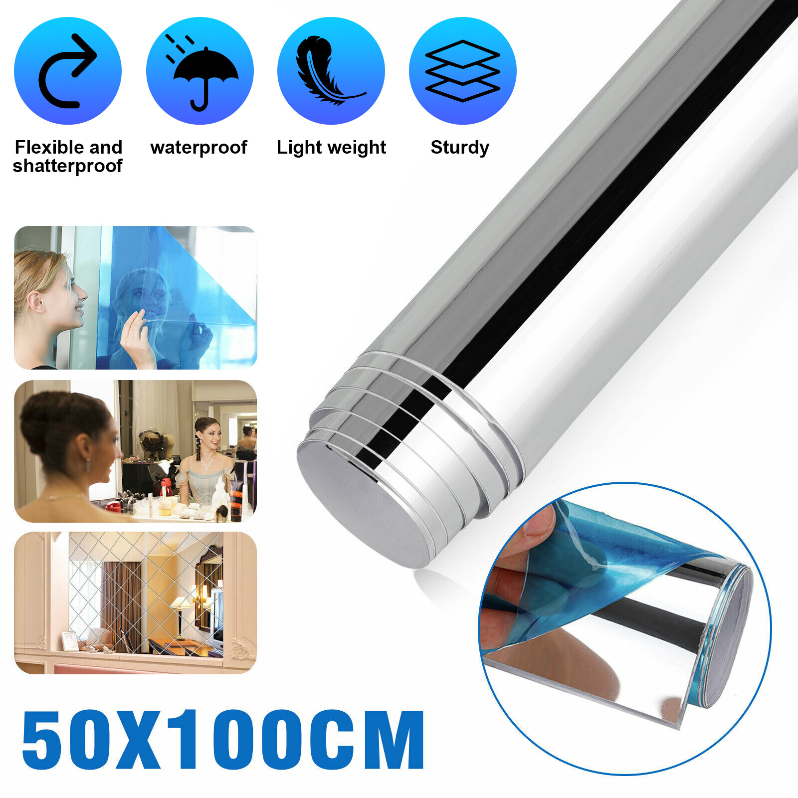 50x100cm Self Adhesive Mirror Reflective Tiles Wall Stickers Film Kitchen Decor